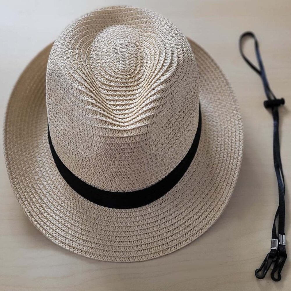 NWOT Sz M/L Panama Hat w Black Band & Adjustable / Removable Chin Strap